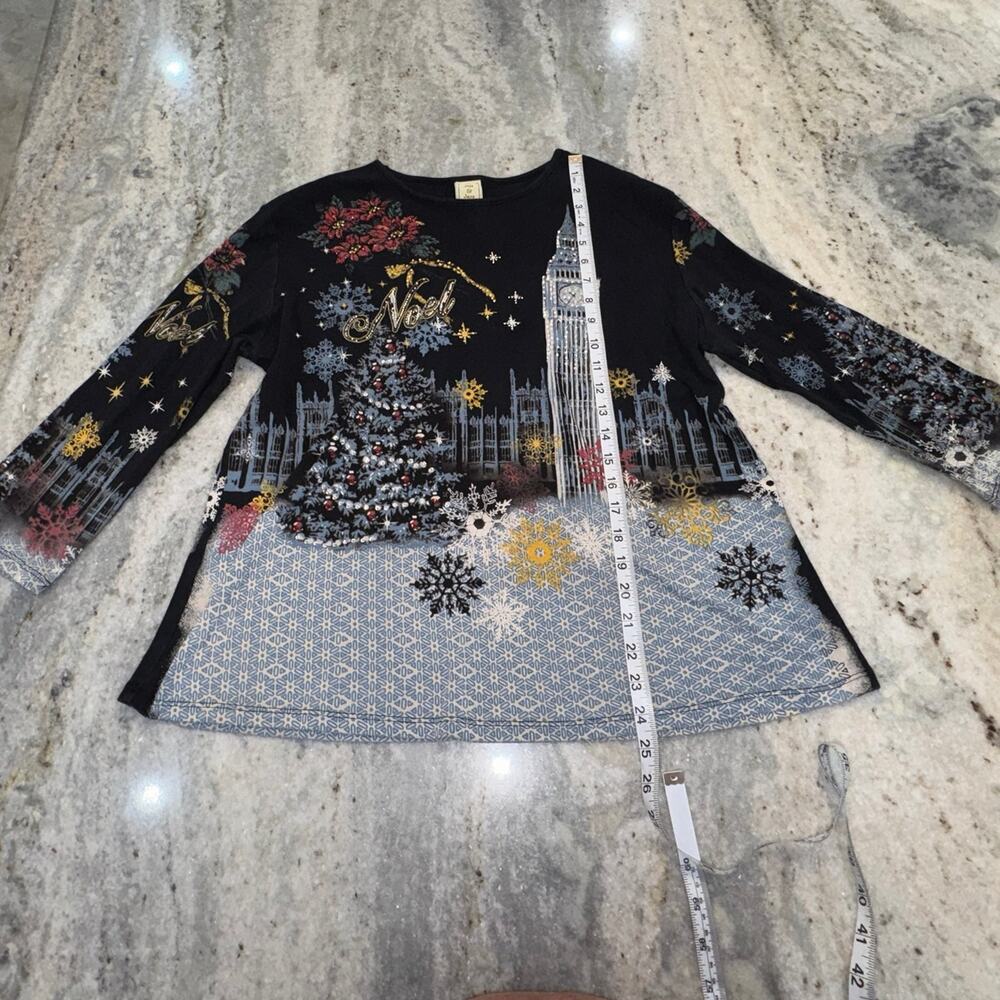 Vintage Jess & Jane USA Medium Shirt Christmas Winter‎ Holiday Scenic 3/4 Sleeve